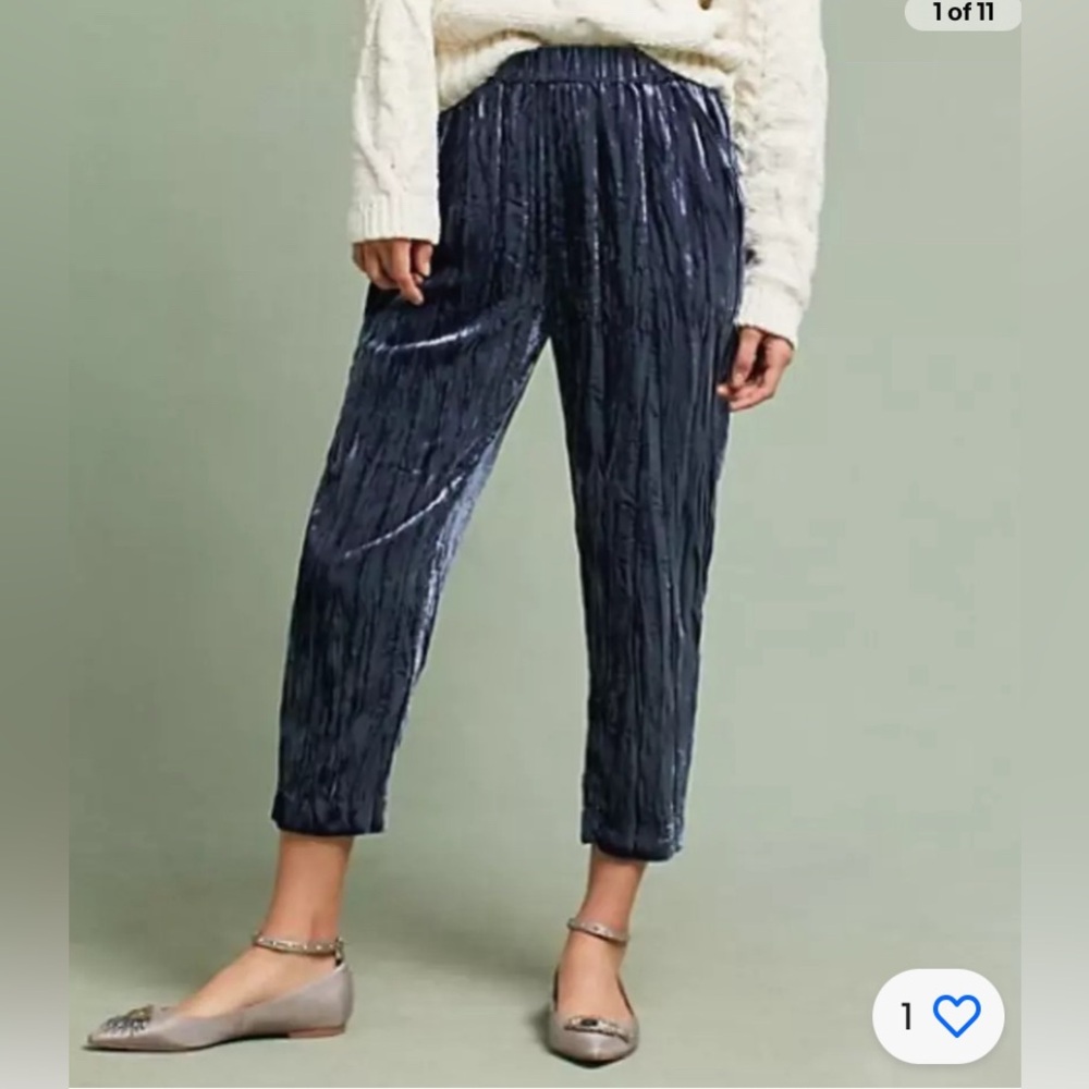 Anthropologie Ett:Twa Kinley Blue Crushed Velvet Cropped Harem Joggers Pants S